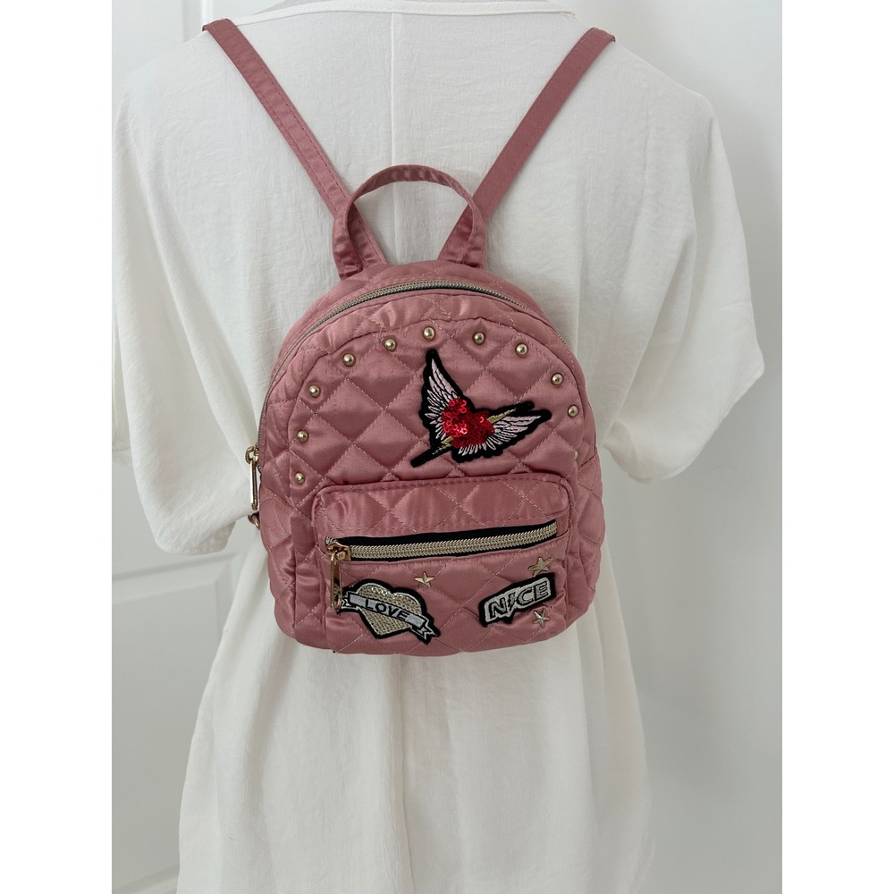 The Childrens Place Girls Pink Quilted Satin Mini Backpack Heart Patches Studs